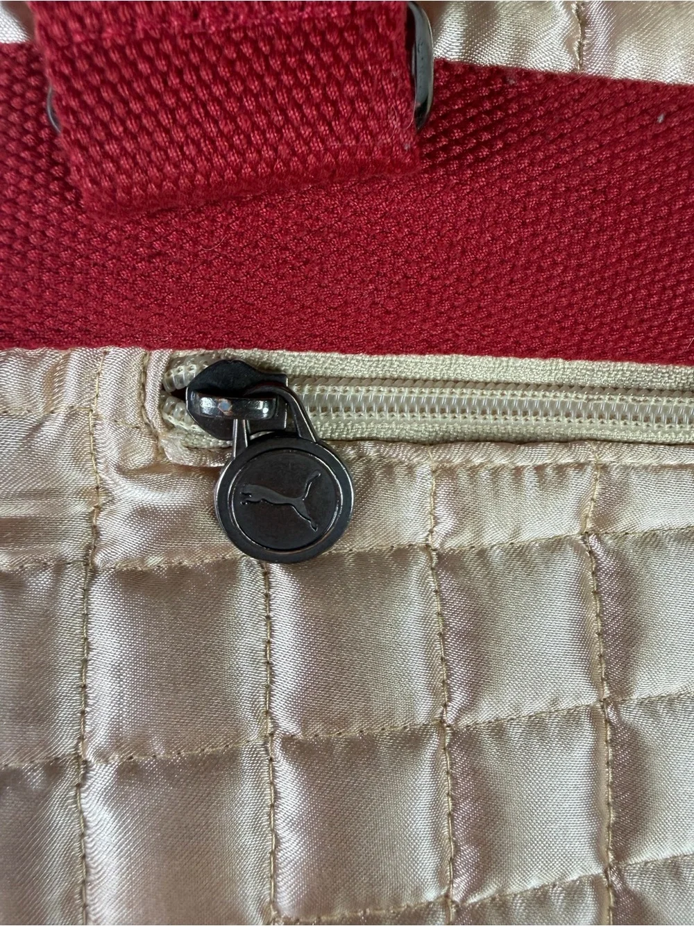 Vintage Puma Quilted Crossbody Bag in Champagne with Red Strap- Classic Puma